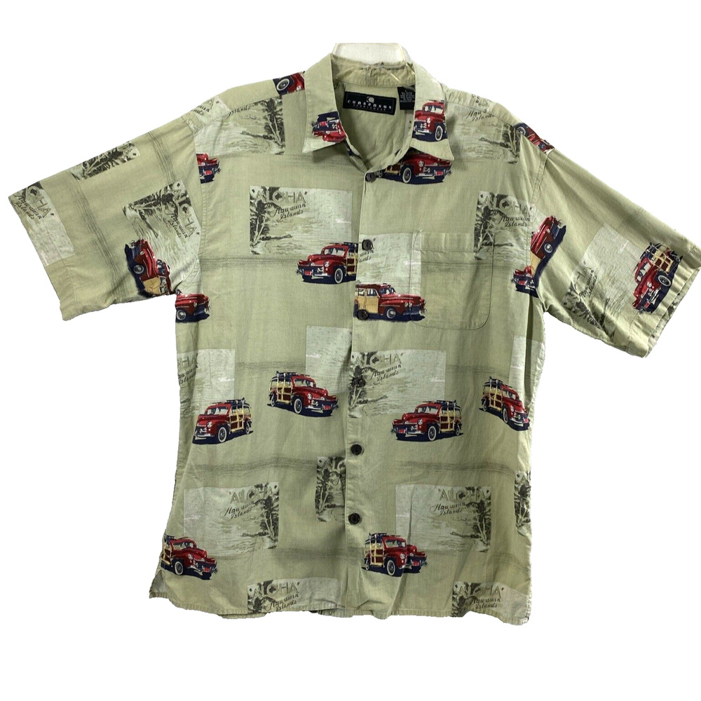 Consensus Hawaiian Shirt Mens Large L‎ Green Button Down Surfer Car Aloha